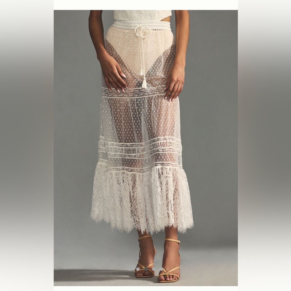 By Anthropologie Sheer Lace Maxi Skirt size XS NWOT in white